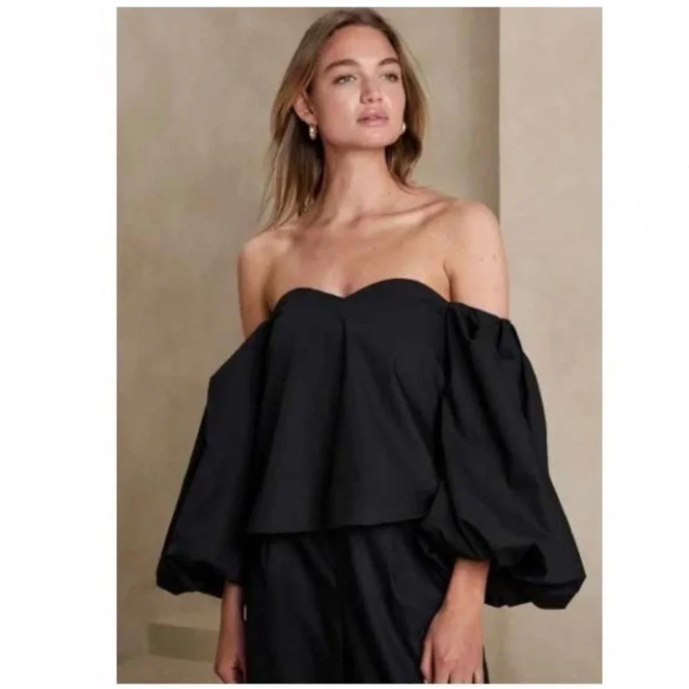 Banana Republic Black Off The Shoulder Puff Sleeve Sweetheart Blouse Top 6 NWT